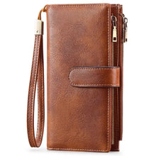 Vintage style brown leather wallet with zippers and wrist strap
