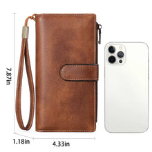 Vintage style brown leather wallet with wrist strap and zipper closure