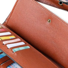 Vintage style long brown leather wallet with card slots and snap closure