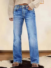 Blue denim vintage wash straight leg jeans with classic five-pocket design and subtle fading for worn-in look