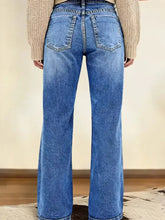 Blue denim vintage wash straight leg jeans with classic five-pocket design and subtle fading for a worn-in look
