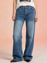 Blue denim vintage wash wide leg jeans with classic five-pocket design and faded wash in a flare style