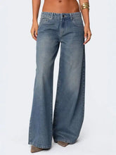 Vintage wash wide leg jeans in medium-wash blue denim with classic stitching and a relaxed fit