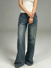 Dark-wash denim vintage wash wide leg jeans with a relaxed fit and flare cut for a classic vintage wash wide style