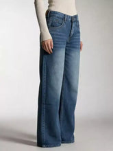 Blue denim wide leg jeans with vintage wash faded finish and classic five pocket design in wide leg jeans style