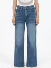Blue denim vintage wash wide leg jeans with high-rise fit and classic five-pocket design for casual wear