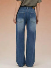 Back side of wide leg jeans in faded blue vintage wash denim with subtle fading on pockets and waistband