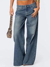 Vintage wash wide leg jeans in medium-wash blue denim featuring classic stitching and a slightly faded look
