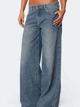 Vintage wash wide leg jeans in medium-wash blue denim featuring classic stitching and a relaxed fit