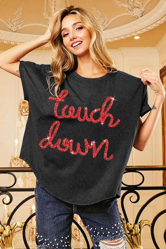 Vintage Washed Black T Shirt with Touchdown Metallic Letter Design BLACK CHARCOAL RED Woman T Shirts