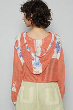 Womens coral vintage washed crochet hoodie jacket with floral patches