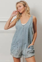 Light blue vintage washed denim sleeveless romper with Bibi folded hem