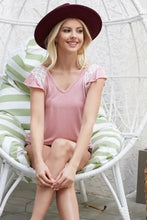 Viscose Rayon Slub Knit Top with Lace Yoke for Women Woman T Shirts