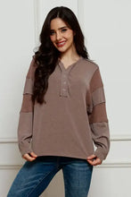 Waffle Buttoned Long Sleeve Top Mocha Woman Blouses