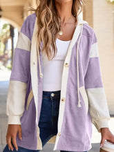 Lavender and cream corduroy color block oversize hoodie with button front, ribbed cuffs, drawstring hood, machine wash care instructions