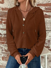 Brown waffle knit button detail hoodie with hood drawstring and button front care instructions included
