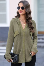 Olive green waffle-knit button-up drawstring hoodie with long sleeve and chest pocket