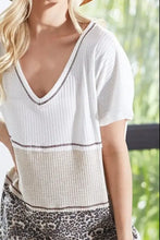 Waffle Knit Color Block Short Sleeve Top for Women Woman T Shirts