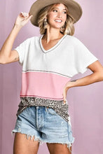 Waffle Knit Color Block V Neck Top for Women Woman T Shirts