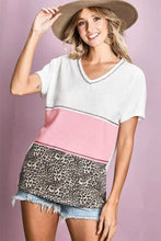 Waffle Knit Color Block V Neck Top for Women Woman T Shirts