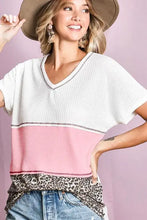 Waffle Knit Color Block V Neck Top for Women Woman T Shirts