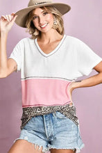 Waffle Knit Color Block V Neck Top for Women Woman T Shirts