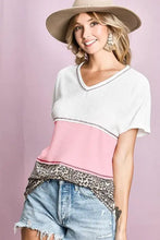 Waffle Knit Color Block V Neck Top for Women Woman T Shirts