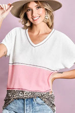 Waffle Knit Color Block V Neck Top for Women Woman T Shirts