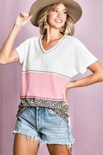 Waffle Knit Color Block V Neck Top for Women Woman T Shirts