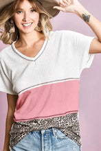 Waffle Knit Color Block V Neck Top for Women Woman T Shirts