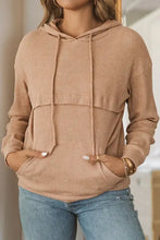 Womens tan waffle-knit drawstring kangaroo pocket sleeve length hoodie