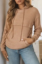 Light brown waffle-knit drawstring kangaroo pocket hoodie