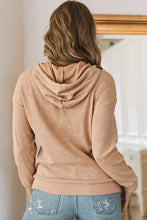 Loose-fitting tan ribbed waffle-knit drawstring kangaroo pocket hoodie