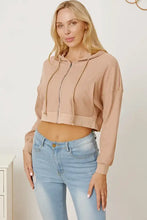 Womens long-sleeve waffle-knit drawstring zip hoodie in light tan