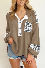 Womens long-sleeved waffle-knit leopard half button T-shirt with pocket