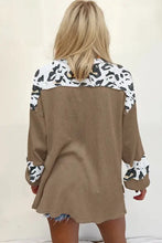 Womens long-sleeve waffle-knit leopard half button T-shirt