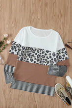 Waffle-Knit Leopard Round Neck Long Sleeve T-Shirt with color block