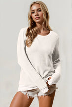 Waffle Knit Long Sleeve Cotton Blend T Shirt for Women White
