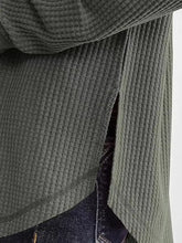 Olive green waffle knit long sleeve sweatshirt with side slit made of slightly stretchy fabric machine wash cold tumble dry low