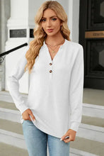 White waffle-knit notched long sleeve henley shirt with V-neck