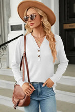 Women’s white ribbed notched long sleeve V-neck Henley shirt