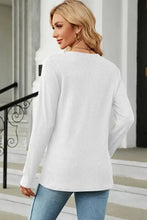 Women’s white waffle-knit notched long sleeve ribbed top