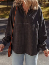 Black and dark gray two-tone waffle knit patchwork half zipped casual sweatshirt machine wash cold recommended