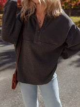 Dark gray waffle knit patchwork half zipped casual sweatshirt with relaxed fit made for machine wash cold care