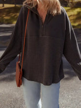 Dark gray and black waffle knit patchwork half zipped casual sweatshirt with textured lower half machine wash cold