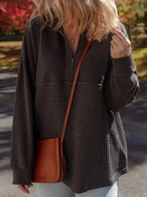 Dark gray and black waffle knit half zipped casual sweatshirt with brown leather crossbody bag machine wash cold