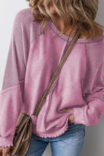 Pink lilac waffle knit seam long sleeve sweatshirt with jeans and bag