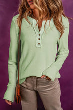 Waffle Knit Textured Henley Top Sage Woman Blouses