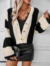 Waffle-Knit V-Neck Striped Long Sleeve Cardigan Woman Outerwear