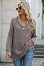 Waffle Knit V Neck Top with Exposed Seam for Women